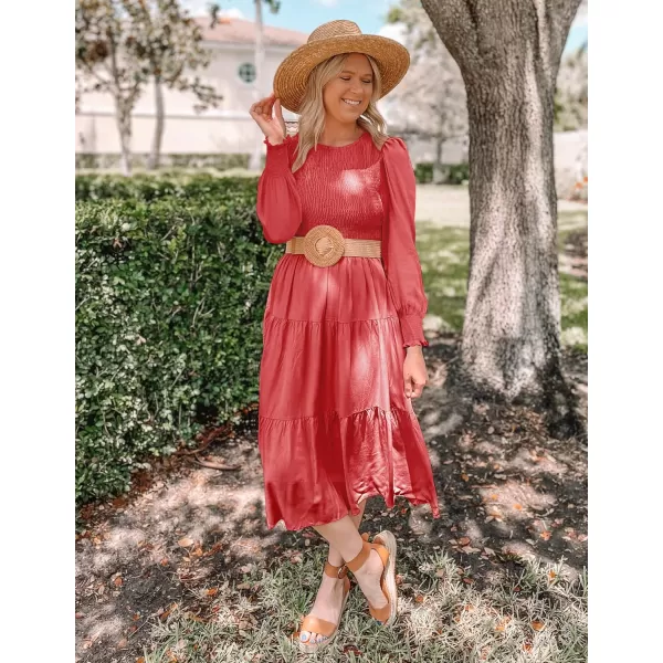 imageZESICA Womens 2024 Casual Long Sleeve Crew Neck High Waist Smocked Flowy Tiered Midi DressWatermelonred