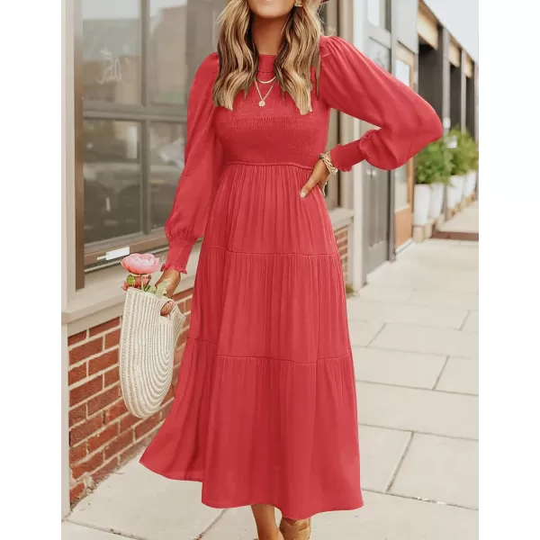 imageZESICA Womens 2024 Casual Long Sleeve Crew Neck High Waist Smocked Flowy Tiered Midi DressWatermelonred