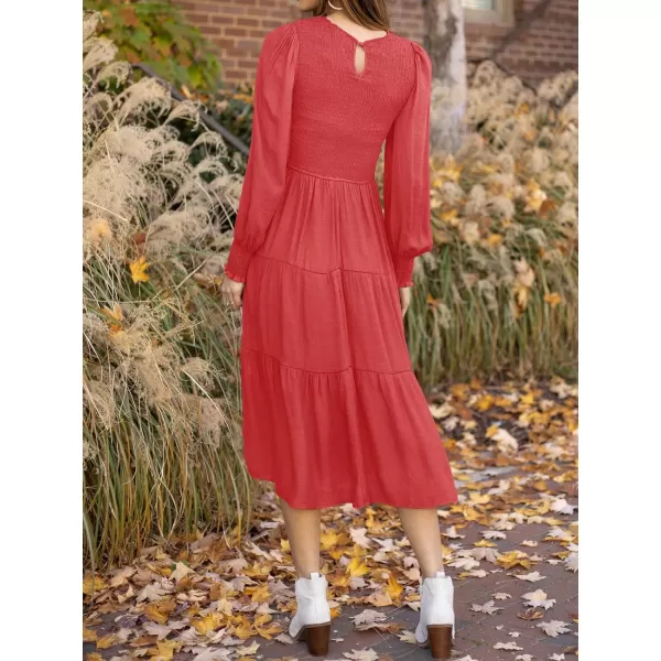imageZESICA Womens 2024 Casual Long Sleeve Crew Neck High Waist Smocked Flowy Tiered Midi DressWatermelonred
