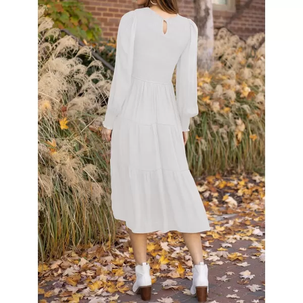 imageZESICA Womens 2024 Casual Long Sleeve Crew Neck High Waist Smocked Flowy Tiered Midi DressWhite