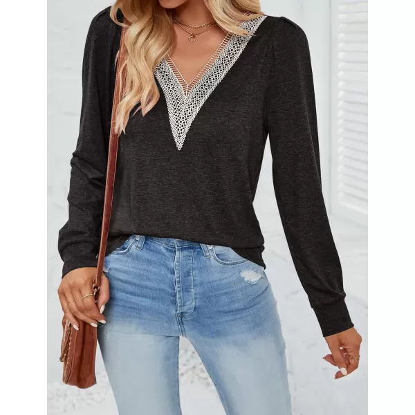 imageZESICA Womens 2024 Casual Long Sleeve T Shirts Lace V Neck Trendy Basic Tops Summer Fall Tee BlouseBlack