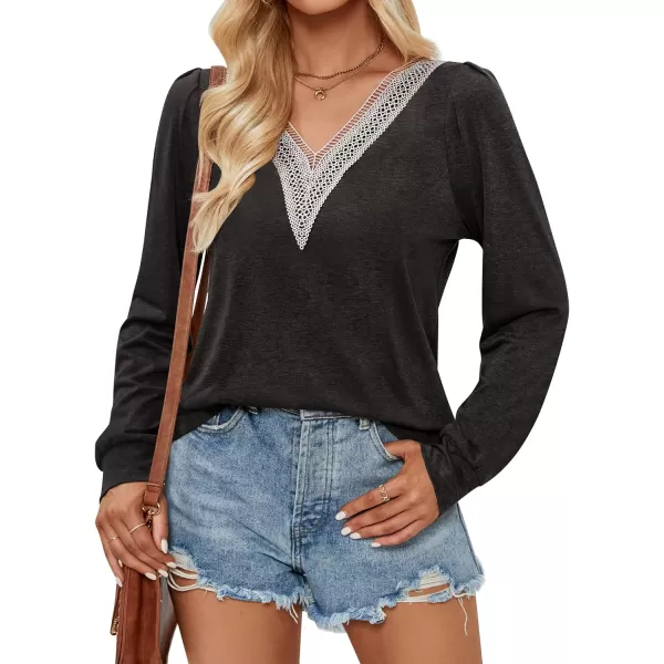 imageZESICA Womens 2024 Casual Long Sleeve T Shirts Lace V Neck Trendy Basic Tops Summer Fall Tee BlouseBlack