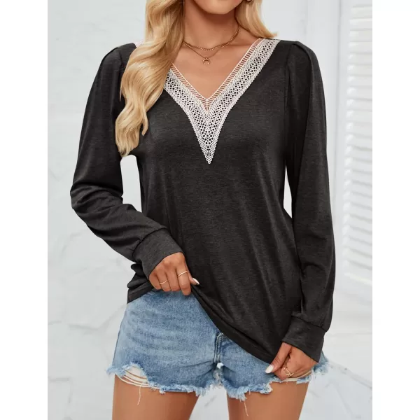 imageZESICA Womens 2024 Casual Long Sleeve T Shirts Lace V Neck Trendy Basic Tops Summer Fall Tee BlouseBlack