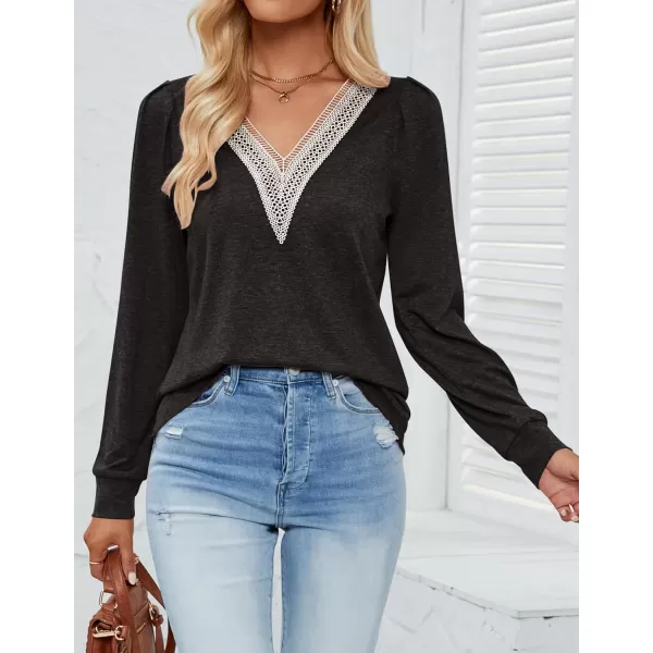 imageZESICA Womens 2024 Casual Long Sleeve T Shirts Lace V Neck Trendy Basic Tops Summer Fall Tee BlouseBlack