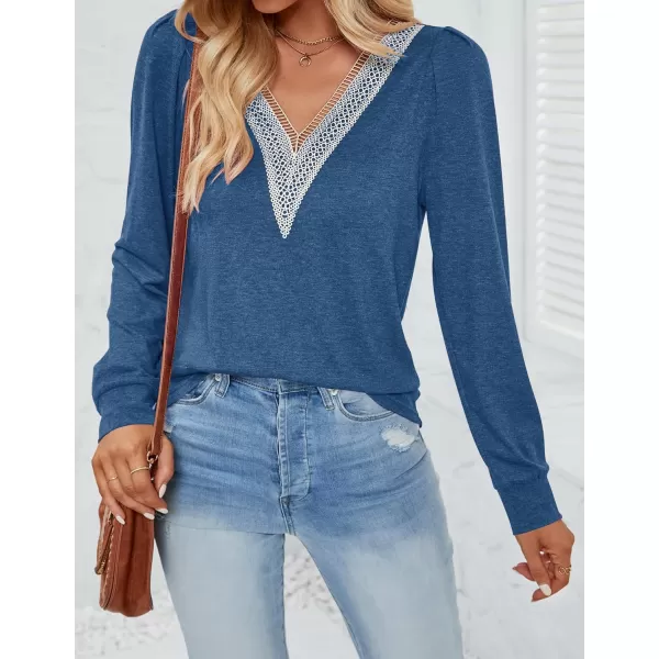 imageZESICA Womens 2024 Casual Long Sleeve T Shirts Lace V Neck Trendy Basic Tops Summer Fall Tee BlouseBlue