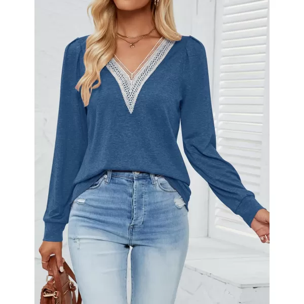 imageZESICA Womens 2024 Casual Long Sleeve T Shirts Lace V Neck Trendy Basic Tops Summer Fall Tee BlouseBlue