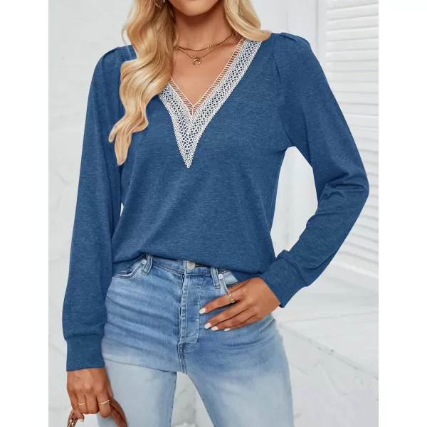imageZESICA Womens 2024 Casual Long Sleeve T Shirts Lace V Neck Trendy Basic Tops Summer Fall Tee BlouseBlue