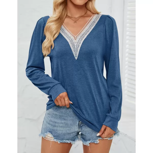 imageZESICA Womens 2024 Casual Long Sleeve T Shirts Lace V Neck Trendy Basic Tops Summer Fall Tee BlouseBlue