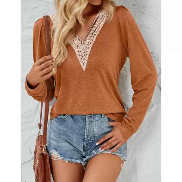 imageZESICA Womens 2024 Casual Long Sleeve T Shirts Lace V Neck Trendy Basic Tops Summer Fall Tee BlouseCaramel