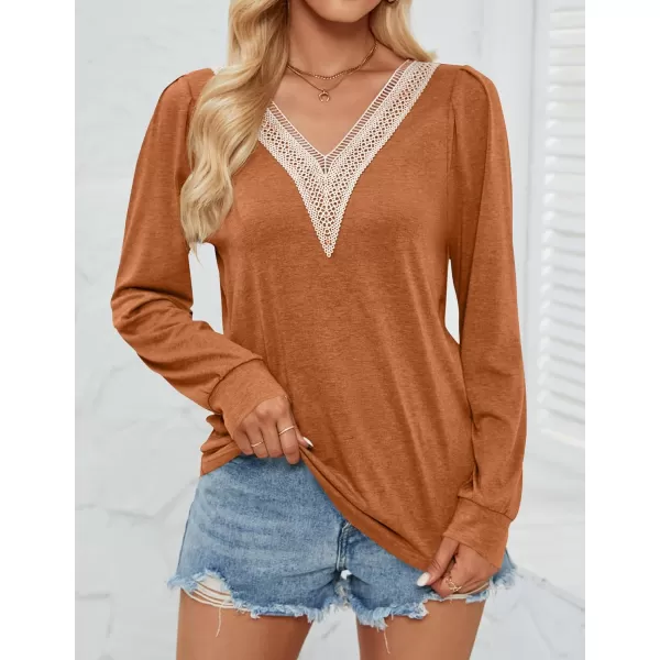 imageZESICA Womens 2024 Casual Long Sleeve T Shirts Lace V Neck Trendy Basic Tops Summer Fall Tee BlouseCaramel