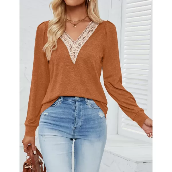 imageZESICA Womens 2024 Casual Long Sleeve T Shirts Lace V Neck Trendy Basic Tops Summer Fall Tee BlouseCaramel