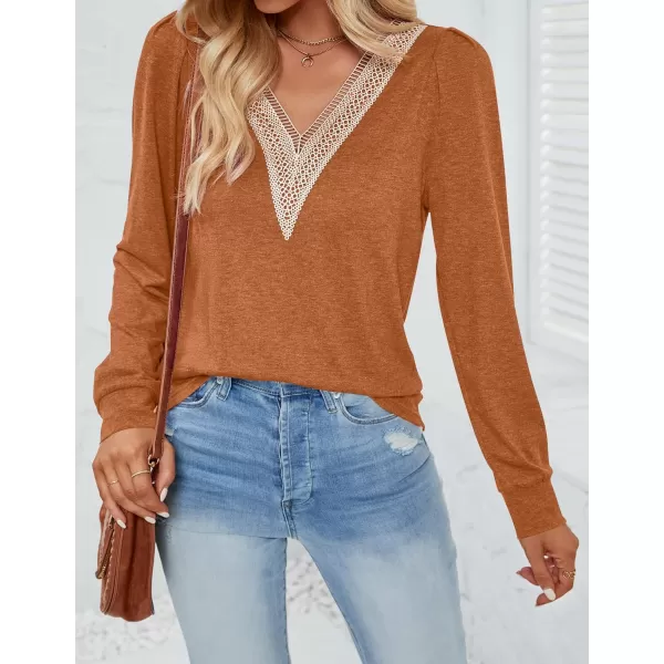 imageZESICA Womens 2024 Casual Long Sleeve T Shirts Lace V Neck Trendy Basic Tops Summer Fall Tee BlouseCaramel