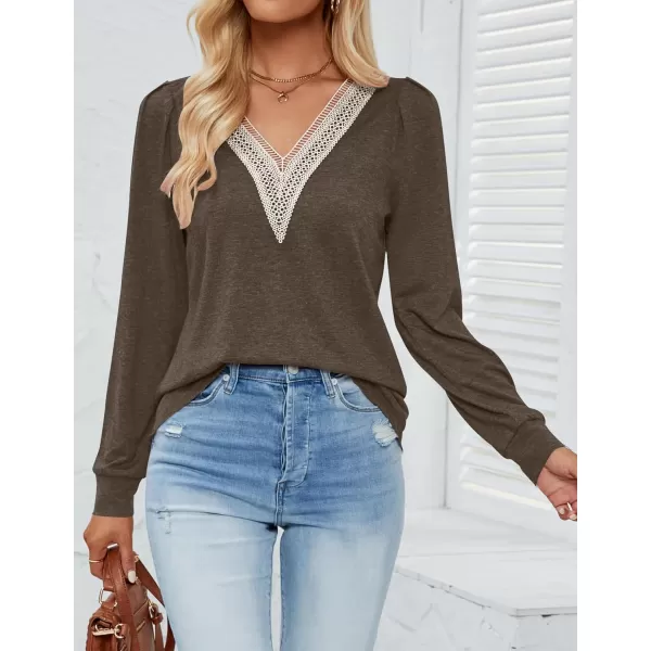imageZESICA Womens 2024 Casual Long Sleeve T Shirts Lace V Neck Trendy Basic Tops Summer Fall Tee BlouseCoffee