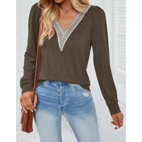 imageZESICA Womens 2024 Casual Long Sleeve T Shirts Lace V Neck Trendy Basic Tops Summer Fall Tee BlouseCoffee