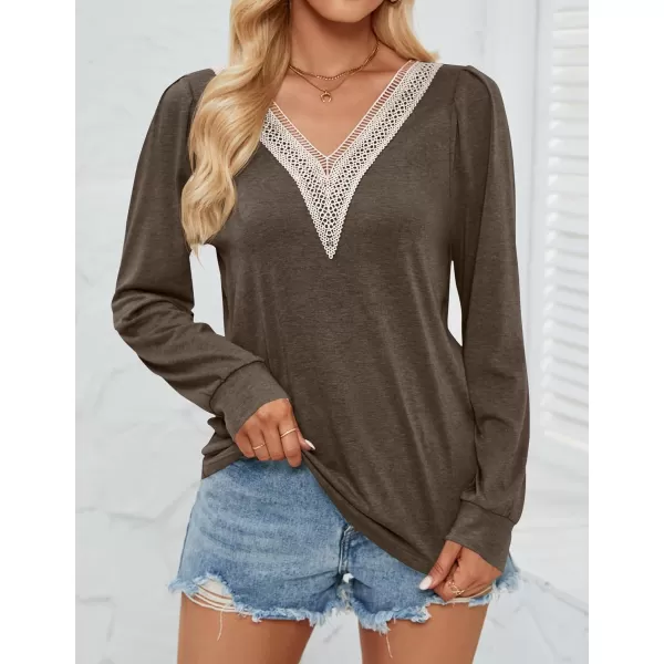 imageZESICA Womens 2024 Casual Long Sleeve T Shirts Lace V Neck Trendy Basic Tops Summer Fall Tee BlouseCoffee