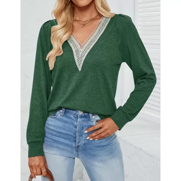 imageZESICA Womens 2024 Casual Long Sleeve T Shirts Lace V Neck Trendy Basic Tops Summer Fall Tee BlouseGreen