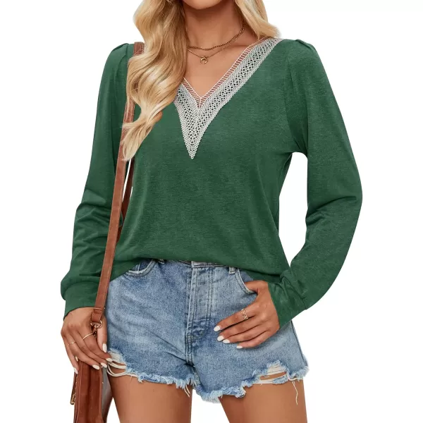 imageZESICA Womens 2024 Casual Long Sleeve T Shirts Lace V Neck Trendy Basic Tops Summer Fall Tee BlouseGreen