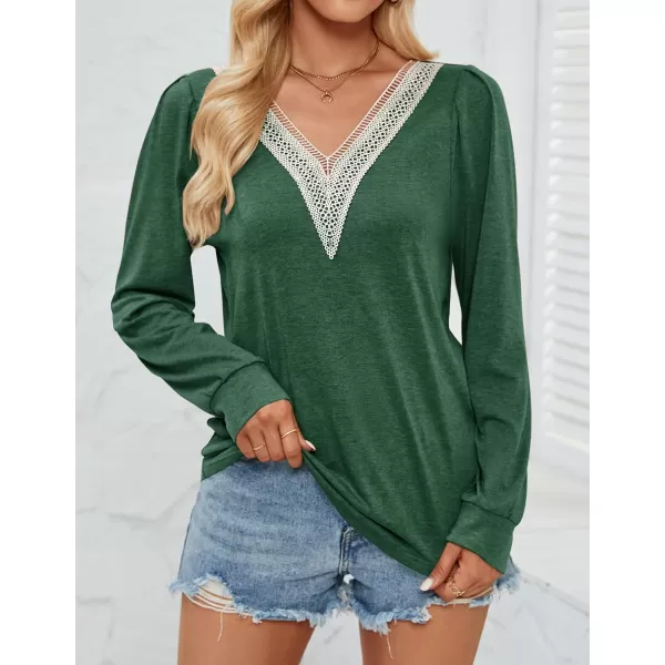 imageZESICA Womens 2024 Casual Long Sleeve T Shirts Lace V Neck Trendy Basic Tops Summer Fall Tee BlouseGreen