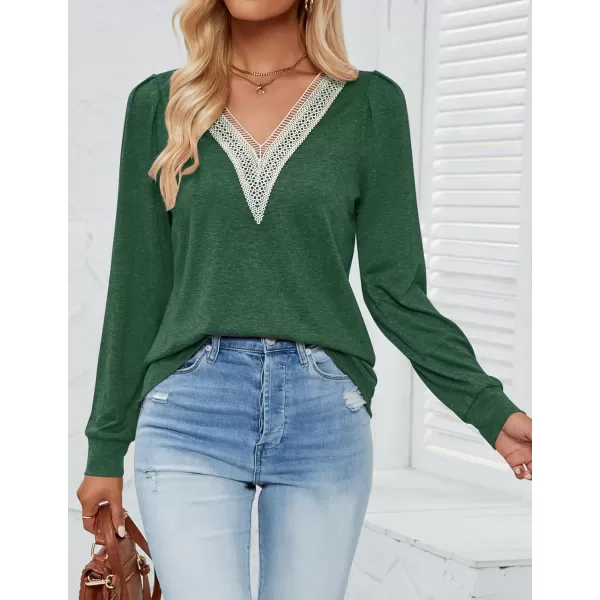 imageZESICA Womens 2024 Casual Long Sleeve T Shirts Lace V Neck Trendy Basic Tops Summer Fall Tee BlouseGreen