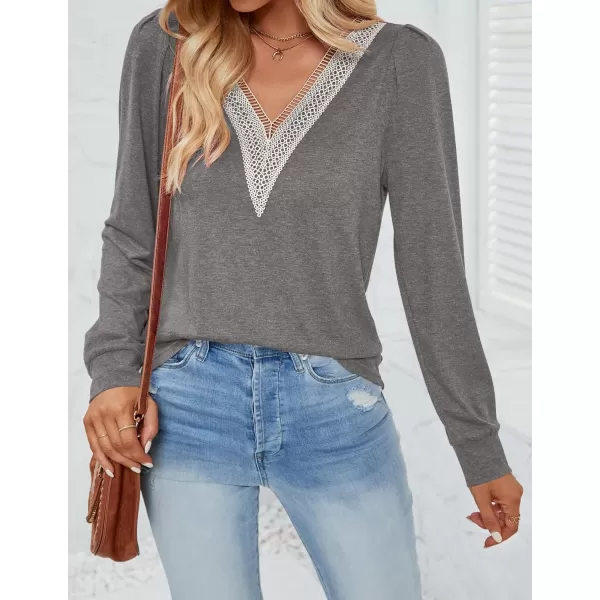 imageZESICA Womens 2024 Casual Long Sleeve T Shirts Lace V Neck Trendy Basic Tops Summer Fall Tee BlouseGrey