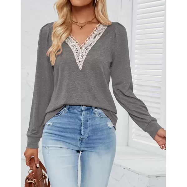imageZESICA Womens 2024 Casual Long Sleeve T Shirts Lace V Neck Trendy Basic Tops Summer Fall Tee BlouseGrey