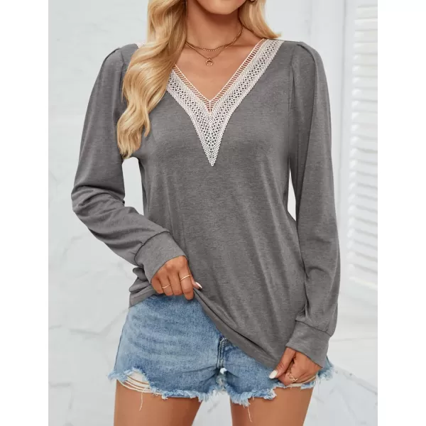 imageZESICA Womens 2024 Casual Long Sleeve T Shirts Lace V Neck Trendy Basic Tops Summer Fall Tee BlouseGrey