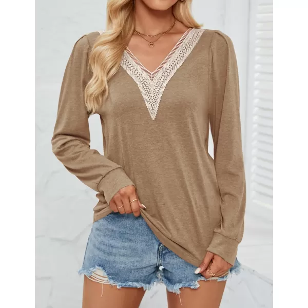 imageZESICA Womens 2024 Casual Long Sleeve T Shirts Lace V Neck Trendy Basic Tops Summer Fall Tee BlouseKhaki