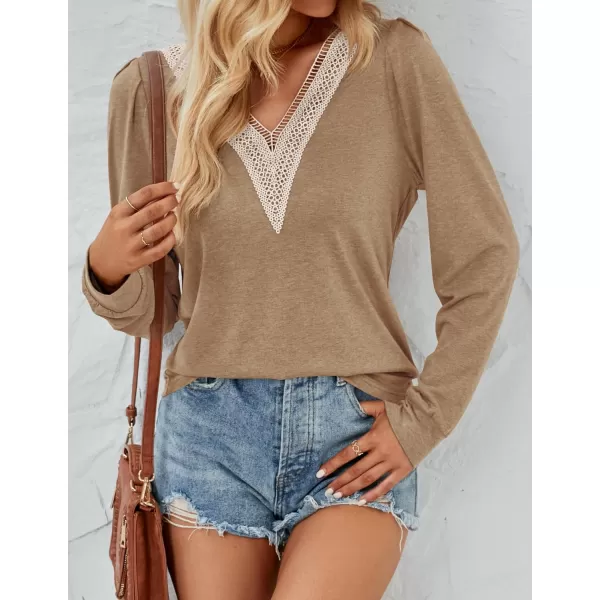 imageZESICA Womens 2024 Casual Long Sleeve T Shirts Lace V Neck Trendy Basic Tops Summer Fall Tee BlouseKhaki