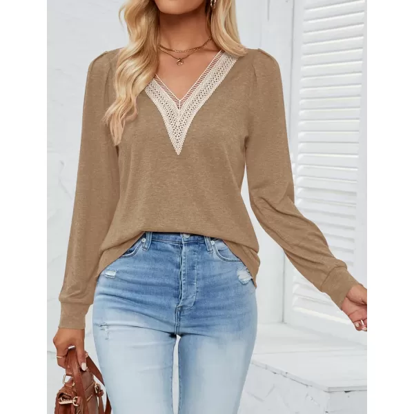 imageZESICA Womens 2024 Casual Long Sleeve T Shirts Lace V Neck Trendy Basic Tops Summer Fall Tee BlouseKhaki
