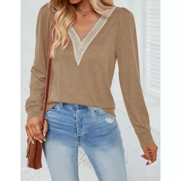 imageZESICA Womens 2024 Casual Long Sleeve T Shirts Lace V Neck Trendy Basic Tops Summer Fall Tee BlouseKhaki
