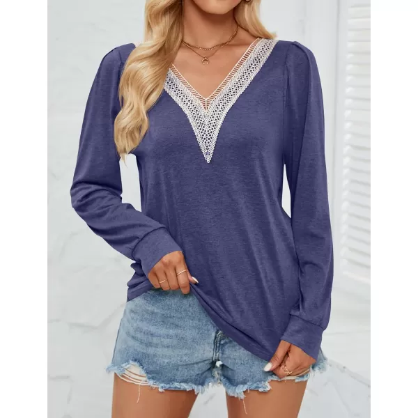 imageZESICA Womens 2024 Casual Long Sleeve T Shirts Lace V Neck Trendy Basic Tops Summer Fall Tee BlouseNavy