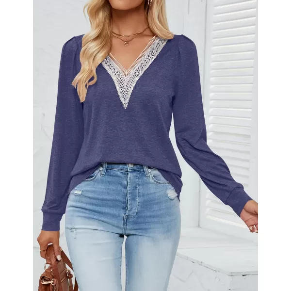 imageZESICA Womens 2024 Casual Long Sleeve T Shirts Lace V Neck Trendy Basic Tops Summer Fall Tee BlouseNavy