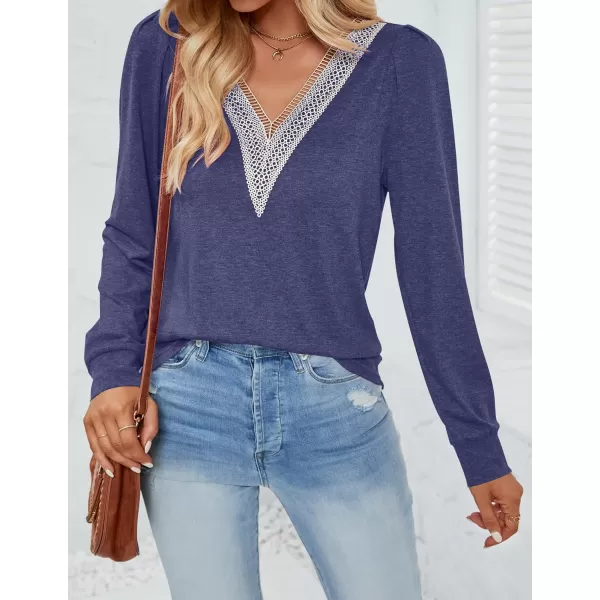 imageZESICA Womens 2024 Casual Long Sleeve T Shirts Lace V Neck Trendy Basic Tops Summer Fall Tee BlouseNavy