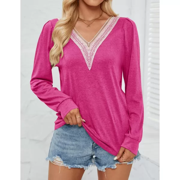 imageZESICA Womens 2024 Casual Long Sleeve T Shirts Lace V Neck Trendy Basic Tops Summer Fall Tee BlouseRose