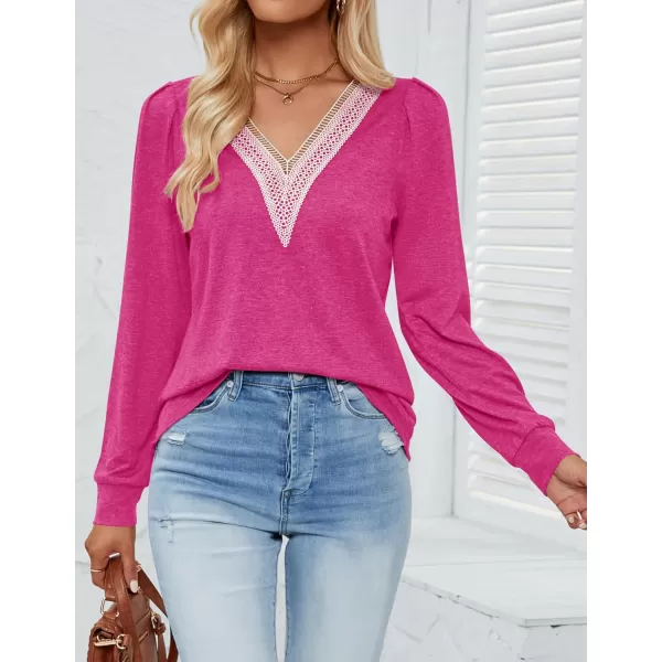 imageZESICA Womens 2024 Casual Long Sleeve T Shirts Lace V Neck Trendy Basic Tops Summer Fall Tee BlouseRose