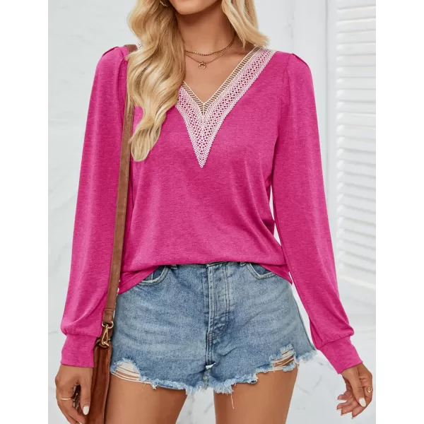 imageZESICA Womens 2024 Casual Long Sleeve T Shirts Lace V Neck Trendy Basic Tops Summer Fall Tee BlouseRose
