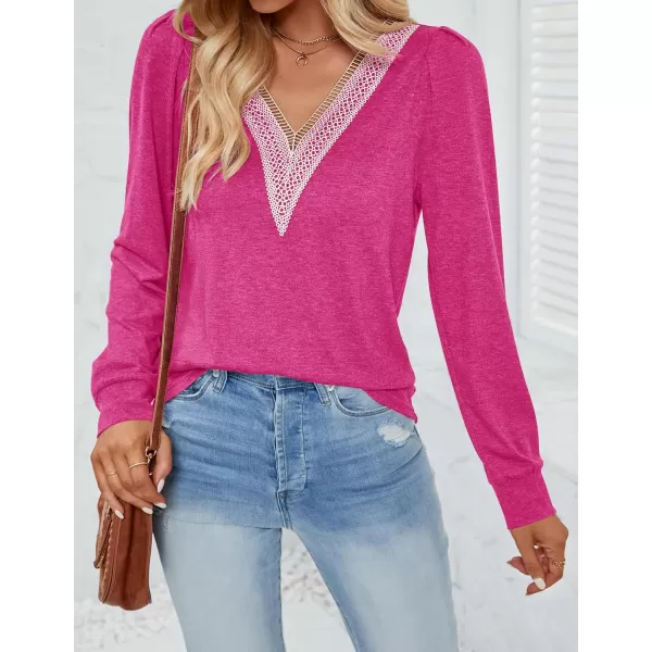 imageZESICA Womens 2024 Casual Long Sleeve T Shirts Lace V Neck Trendy Basic Tops Summer Fall Tee BlouseRose