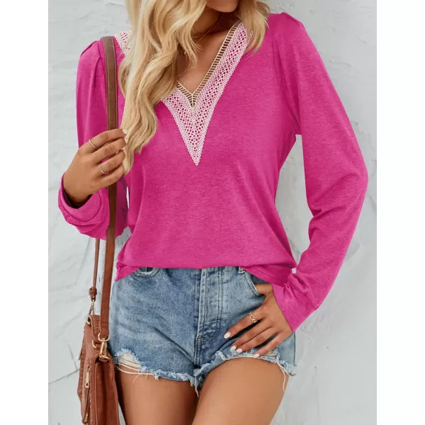 imageZESICA Womens 2024 Casual Long Sleeve T Shirts Lace V Neck Trendy Basic Tops Summer Fall Tee BlouseRose