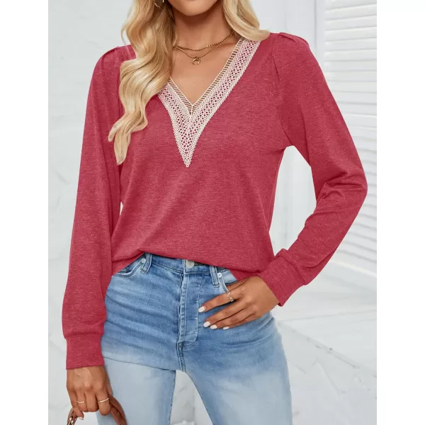 imageZESICA Womens 2024 Casual Long Sleeve T Shirts Lace V Neck Trendy Basic Tops Summer Fall Tee BlouseWatermelon
