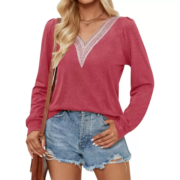 imageZESICA Womens 2024 Casual Long Sleeve T Shirts Lace V Neck Trendy Basic Tops Summer Fall Tee BlouseWatermelon