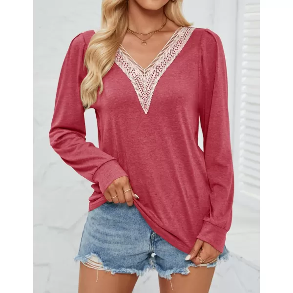 imageZESICA Womens 2024 Casual Long Sleeve T Shirts Lace V Neck Trendy Basic Tops Summer Fall Tee BlouseWatermelon