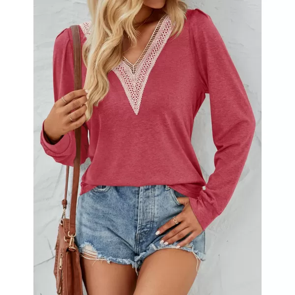 imageZESICA Womens 2024 Casual Long Sleeve T Shirts Lace V Neck Trendy Basic Tops Summer Fall Tee BlouseWatermelon