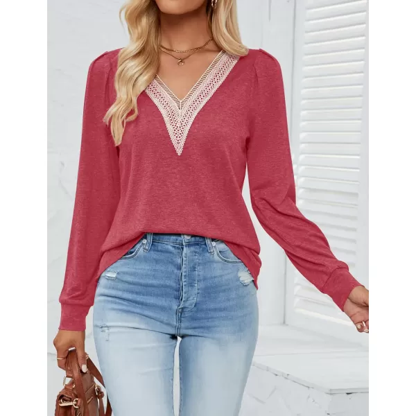 imageZESICA Womens 2024 Casual Long Sleeve T Shirts Lace V Neck Trendy Basic Tops Summer Fall Tee BlouseWatermelon