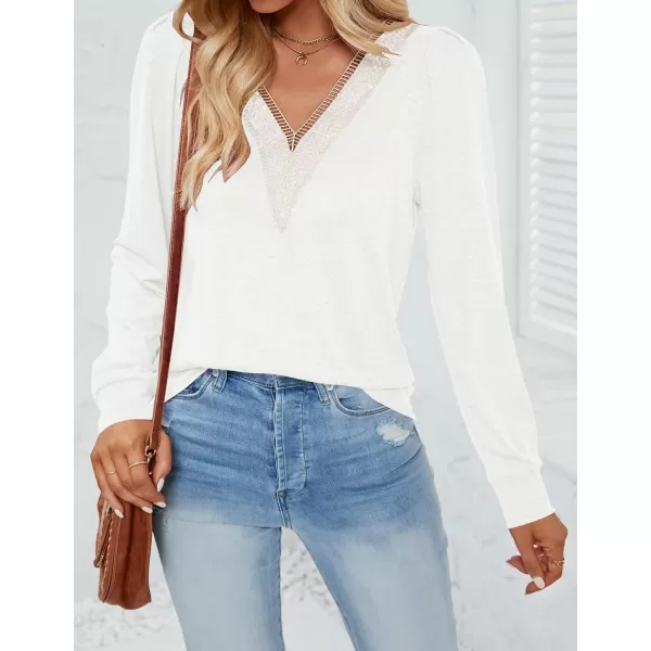 imageZESICA Womens 2024 Casual Long Sleeve T Shirts Lace V Neck Trendy Basic Tops Summer Fall Tee BlouseWhite