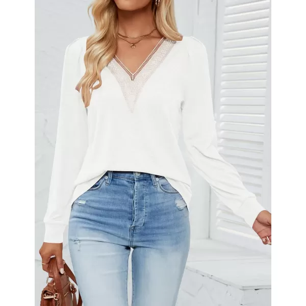 imageZESICA Womens 2024 Casual Long Sleeve T Shirts Lace V Neck Trendy Basic Tops Summer Fall Tee BlouseWhite