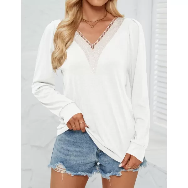 imageZESICA Womens 2024 Casual Long Sleeve T Shirts Lace V Neck Trendy Basic Tops Summer Fall Tee BlouseWhite