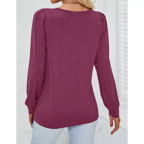 imageZESICA Womens 2024 Casual Long Sleeve T Shirts Lace V Neck Trendy Basic Tops Summer Fall Tee BlouseWine