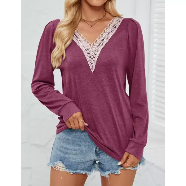 imageZESICA Womens 2024 Casual Long Sleeve T Shirts Lace V Neck Trendy Basic Tops Summer Fall Tee BlouseWine
