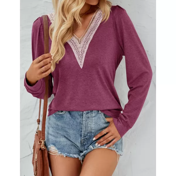 imageZESICA Womens 2024 Casual Long Sleeve T Shirts Lace V Neck Trendy Basic Tops Summer Fall Tee BlouseWine