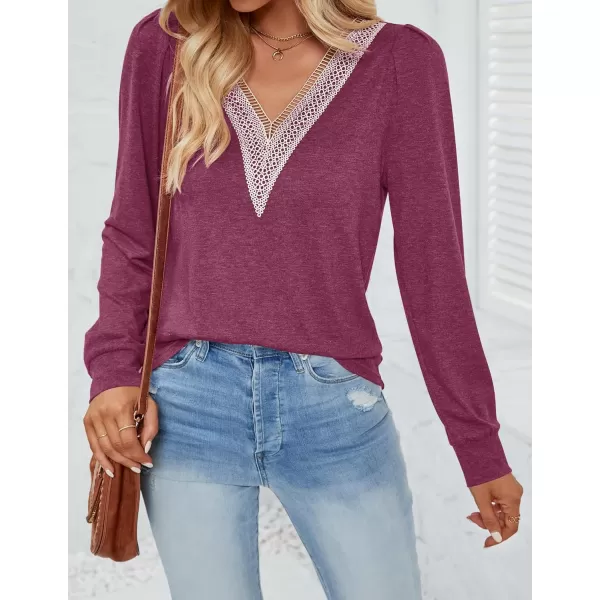 imageZESICA Womens 2024 Casual Long Sleeve T Shirts Lace V Neck Trendy Basic Tops Summer Fall Tee BlouseWine